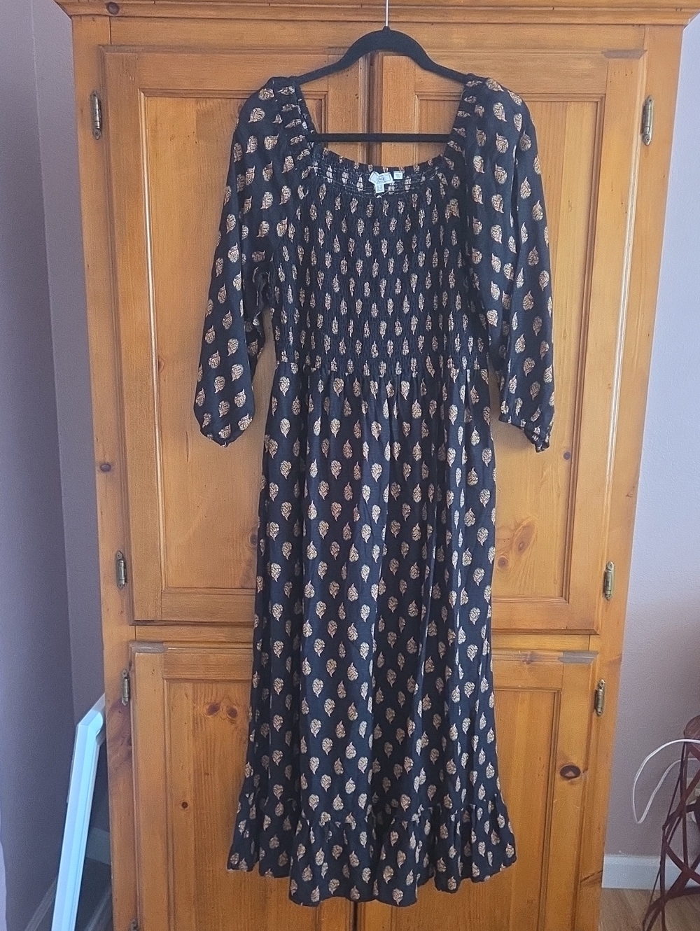 Fat Face Black Midi Dress with Tan Leaf Motif